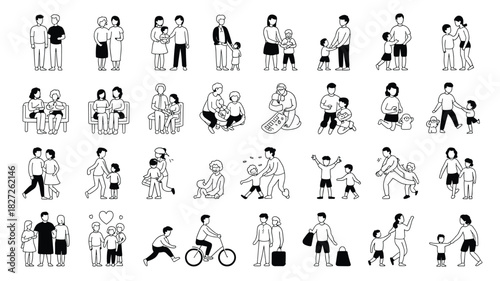 Collection of family moments illustrations depicting parents and children bonding together