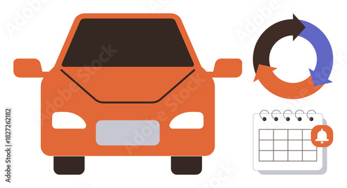 Orange car facing forward, circular arrows representing recycling, and a calendar icon with a reminder notification. Ideal for maintenance, scheduling, eco-friendly concepts, planning, automotive