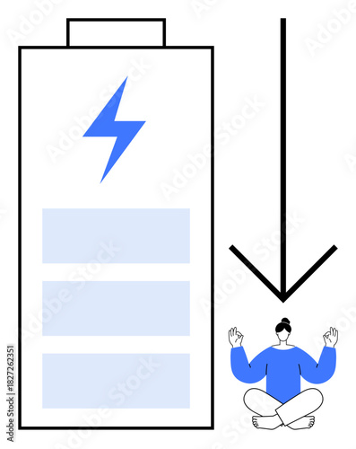 Large battery with depletion arrow next to a meditating figure. Ideal for stress management, mental health, relaxation, wellness, energy restoration, mindfulness, simple flat metaphor