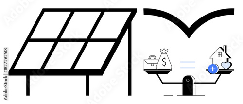 Renewable energy. Renewable energy illustrated by a solar panel alongside balanced symbols of money, housing, and health. Renewable energy promotes cost optimization and sustainability. Ideal