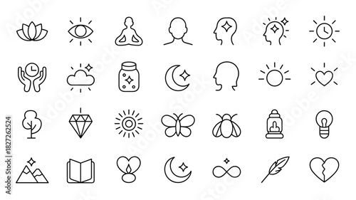 Collection of spiritual and mindfulness outline symbols for design and decoration needs