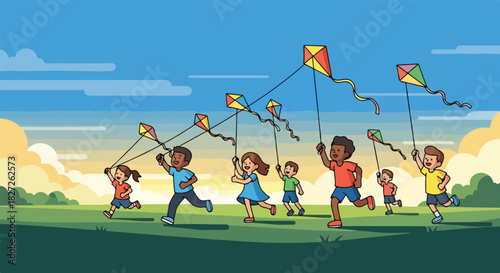 A group of diverse children joyfully running and flying colorful kites in a sunny park.