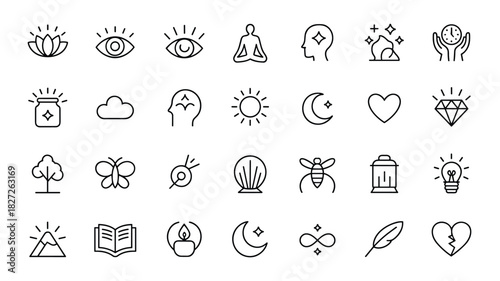 Collection of spiritual and wellness symbols for holistic health and mindfulness design