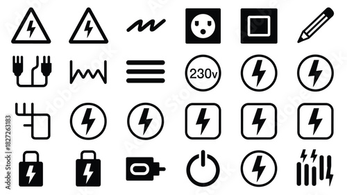 Electrical symbols and signs collection power electricity voltage current hazard design