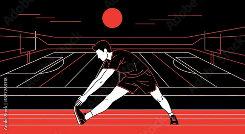 Athlete stretches on the stadium track under the setting sun artistic vector illustration