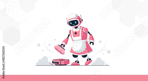 Whimsical illustration showcasing a pink robot maid cleaning with a robot vacuum cleaner