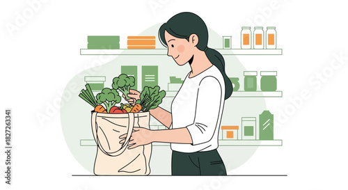 Woman with a reusable bag full of vegetables in a shop, promoting sustainable shopping and healthy
