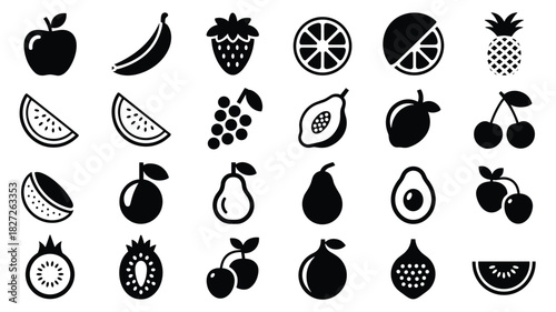 Assorted fresh produce collection black and white drawings of healthy diet ingredients