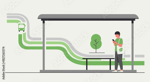Sustainable Urban Mobility: Person Waiting at Bus Stop Using Smartphone and Public Transport