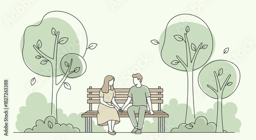 Romantic scene of a couple holding hands on a park bench surrounded by trees art