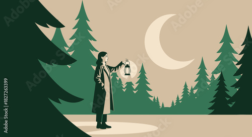 Serene forest night exploration with lantern by a woman under the moon