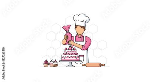 Illustrative baker decorating a pink cake with icing bag in a kitchen scene