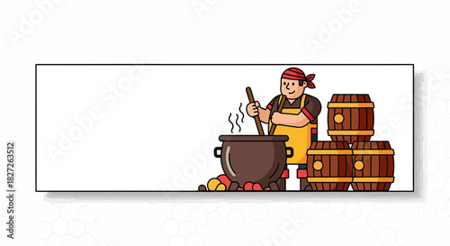 Illustrative banner featuring a chef stirring a large pot next to wooden barrels