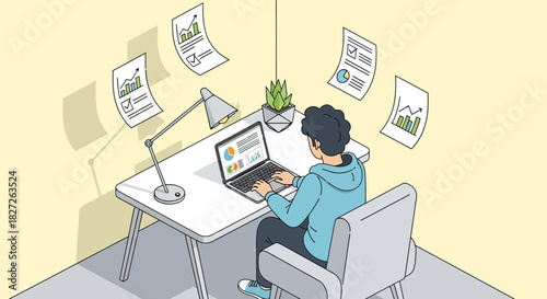 Illustration of a young professional working from home with data analysis on laptop