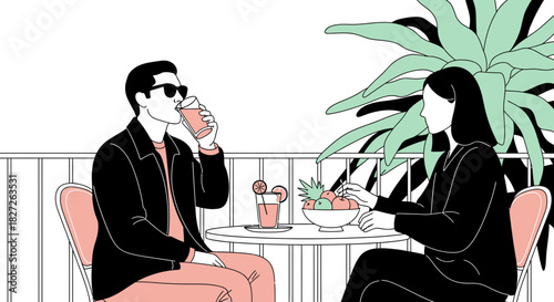 Illustration of a stylish couple enjoying drinks and fresh fruit on a balcony with plant