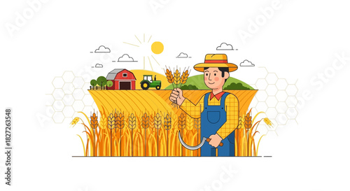 Illustration of a happy farmer in a wheat field during harvest time with his tractor
