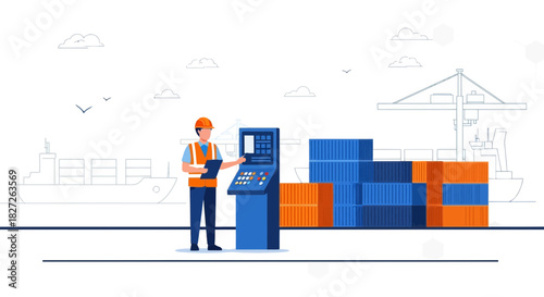 Illustration of a port worker using a control panel for loading shipping containers