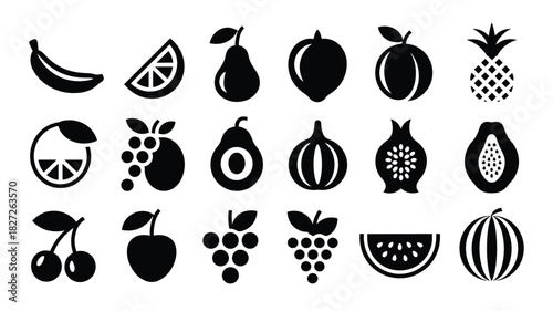 Collection of fresh organic fruits icons banana orange pear plum pineapple healthy diet