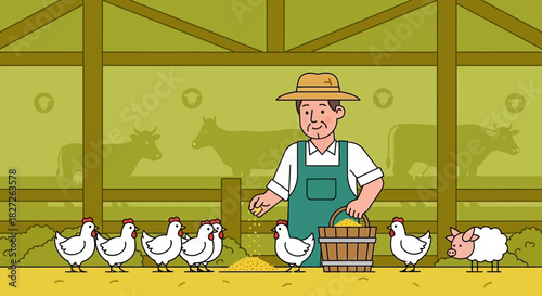 Illustration of a farmer feeding chickens with livestock in the background at farm