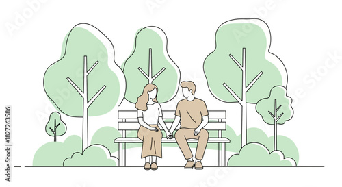 Illustration of a couple sitting on a bench in the park, holding hands, sharing a moment, and