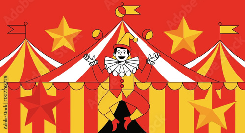 Colorful Circus Illustration Featuring a Happy Clown and Festive Tent Scene for Entertainment