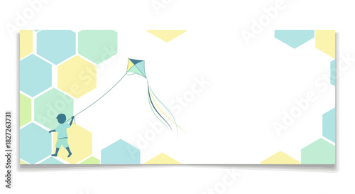 Childhood dreams: A young boy with a kite against a pastel geometric background evokes innocence