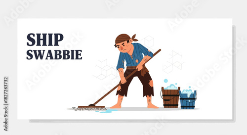 Cartoon ship swabie character cleaning deck with mop and bucket of soap water illustration