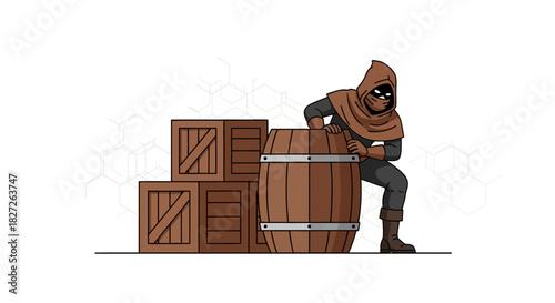 Cartoon illustration of a hooded thief hiding behind a barrel near wooden crates