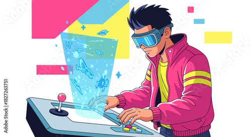 Cartoon illustration of a young man with VR glasses playing an arcade game with futuristic