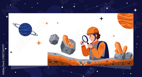 Cartoon illustration of an astronaut exploring minerals on an alien planet landscape