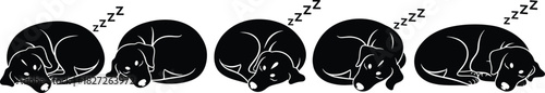 Sleeping dog silhouettes, curled up pets, black dog icons, peaceful rest, cartoon animals, pet clipart, nap design, vector dogs