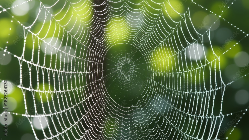 Naklejka premium Dewcovered spider web in green forest