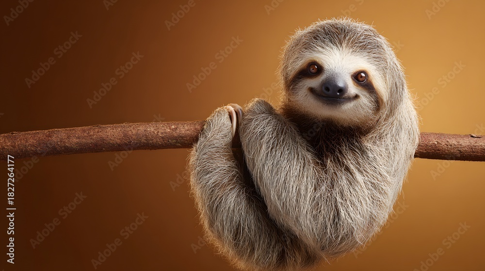 Fototapeta premium Adorable Sloth Hanging on a Branch with a Gentle Smile, Close-up Portrait.