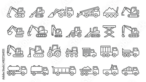 Construction vehicles line art collection excavator bulldozer truck and other machinery