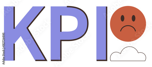 Large KPI text accompanied by a red sad face and a small cloud. Ideal for performance metrics, business assessment, failure, loss, analytics, goal tracking, simple flat metaphor