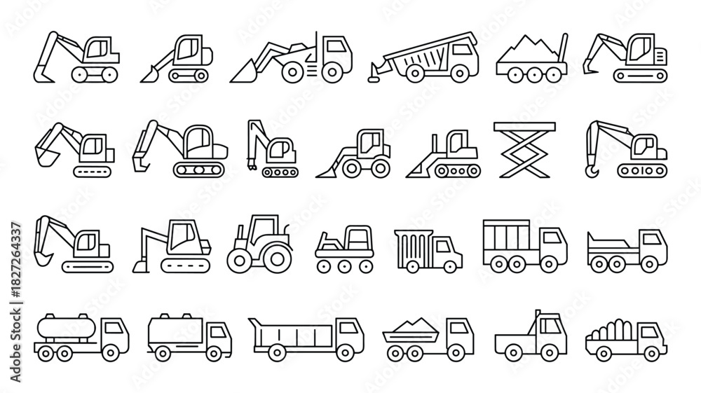 Fototapeta premium Construction vehicles line art collection excavator bulldozer truck and other machinery