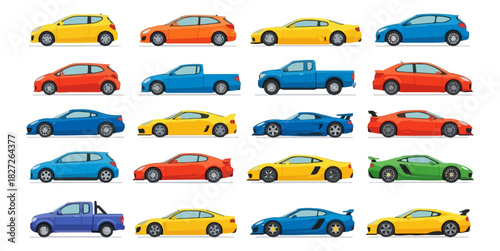 Collection of various colorful cars in side view vector illustration.
