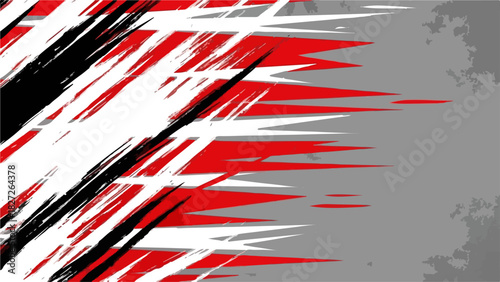 Dynamic abstract graphic with red black and white brush strokes.