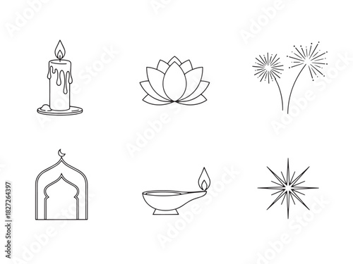 Festival Icons Collection. Festival of Lights linear icon set: candle, lotus, fireworks, temple arch, oil lamp, starburst