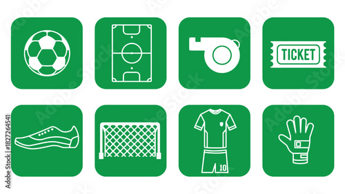 Outline vector icons representing soccer equipment like ball, field, whistle, ticket, shoe, goal, jersey, glove. Ideal for football sports graphic design