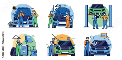 Car mechanics performing auto repair and maintenance services.