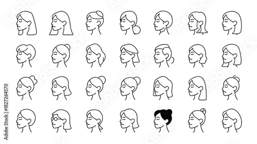 Collection of woman face profile outlines showing different hairstyles and haircuts styles