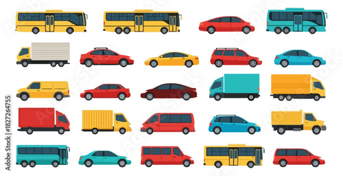 Various colorful vehicles including buses, cars, vans, and trucks.