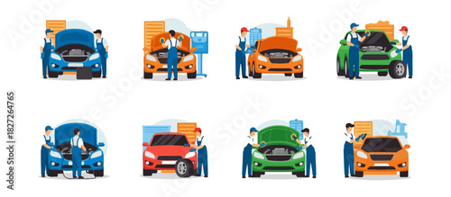Set of car service illustrations with mechanics repairing automobiles.