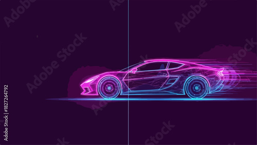 Futuristic Neon Car Speeding with Motion Blur on Dark Background.