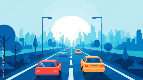 Cars on the Road with City Skyline in the Background.