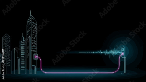 Digital city infrastructure with data flow and sound wave visualization.