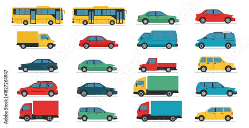 Collection of diverse vehicles including cars buses and trucks.