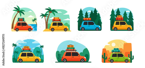 Set of colorful cartoon cars packed with luggage for a road trip adventure.