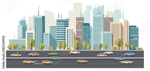Cityscape with Modern Buildings and Traffic on the Road.